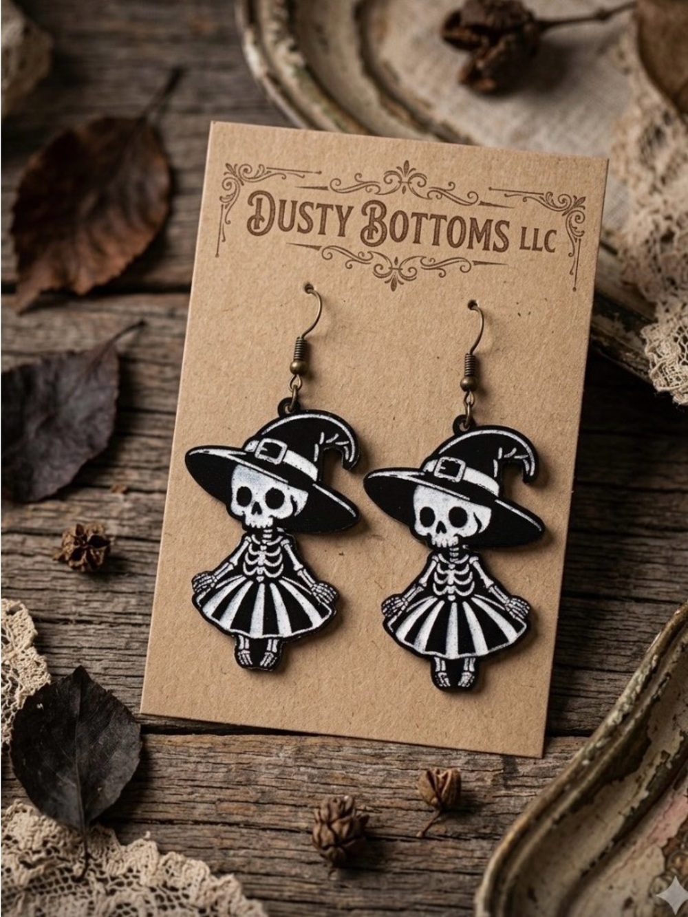 Dusty Bottoms Black & White Skeleton Witch Girl Dangle Earrings